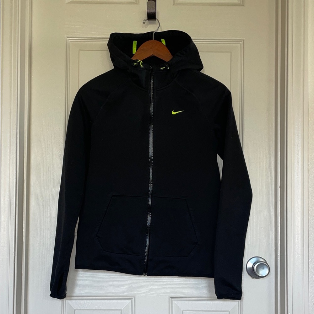 Nike women’s Therma-FIT black full-zip hoodie jacket w/ hood & volt Swoosh